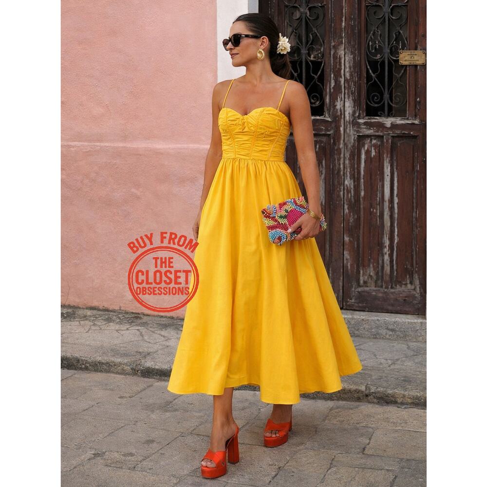 Mango Italian Summer Corset Midi Dress Yellow Resort NWT